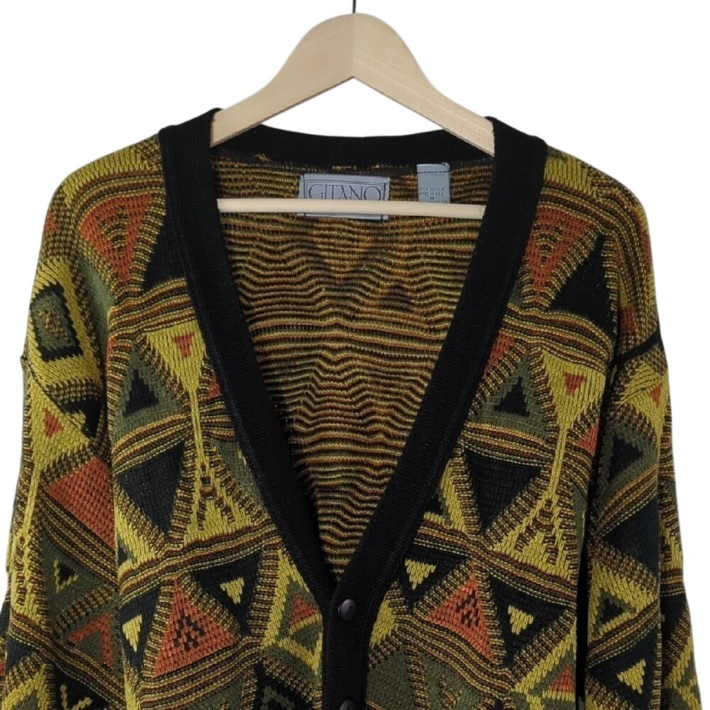 Vintage 80s Gitano Cardigan Sweater Black Orange Lime Green Martini Cosby Medium - Picture 3 of 16